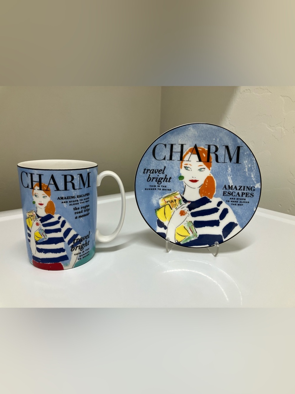 Kate Spade ♠️ Lenox Charm travel bright  🩵💙💛 coffee mug and plate
